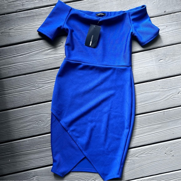 Fashion nova nwt womens royal blue off shoulder dress size small - Picture 2 of 4